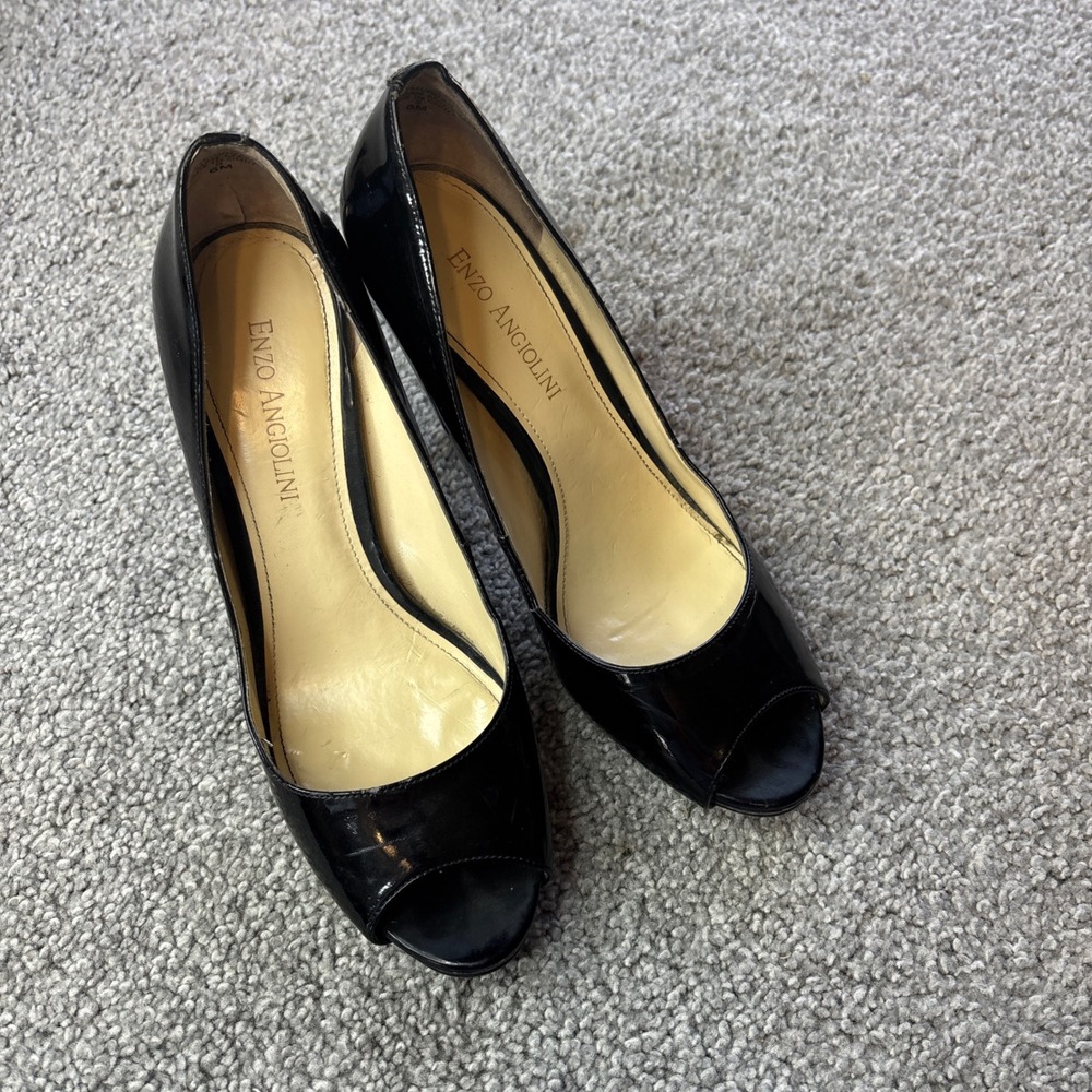 Enzo‎ Angiolini heels womens 6 Black Patent Leather Peep Toe Stiletto Pumps